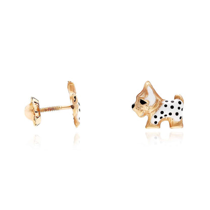 Kid's 14K Real Gold White Enamel Dog Screw Back Stud Earrings 7.5mm