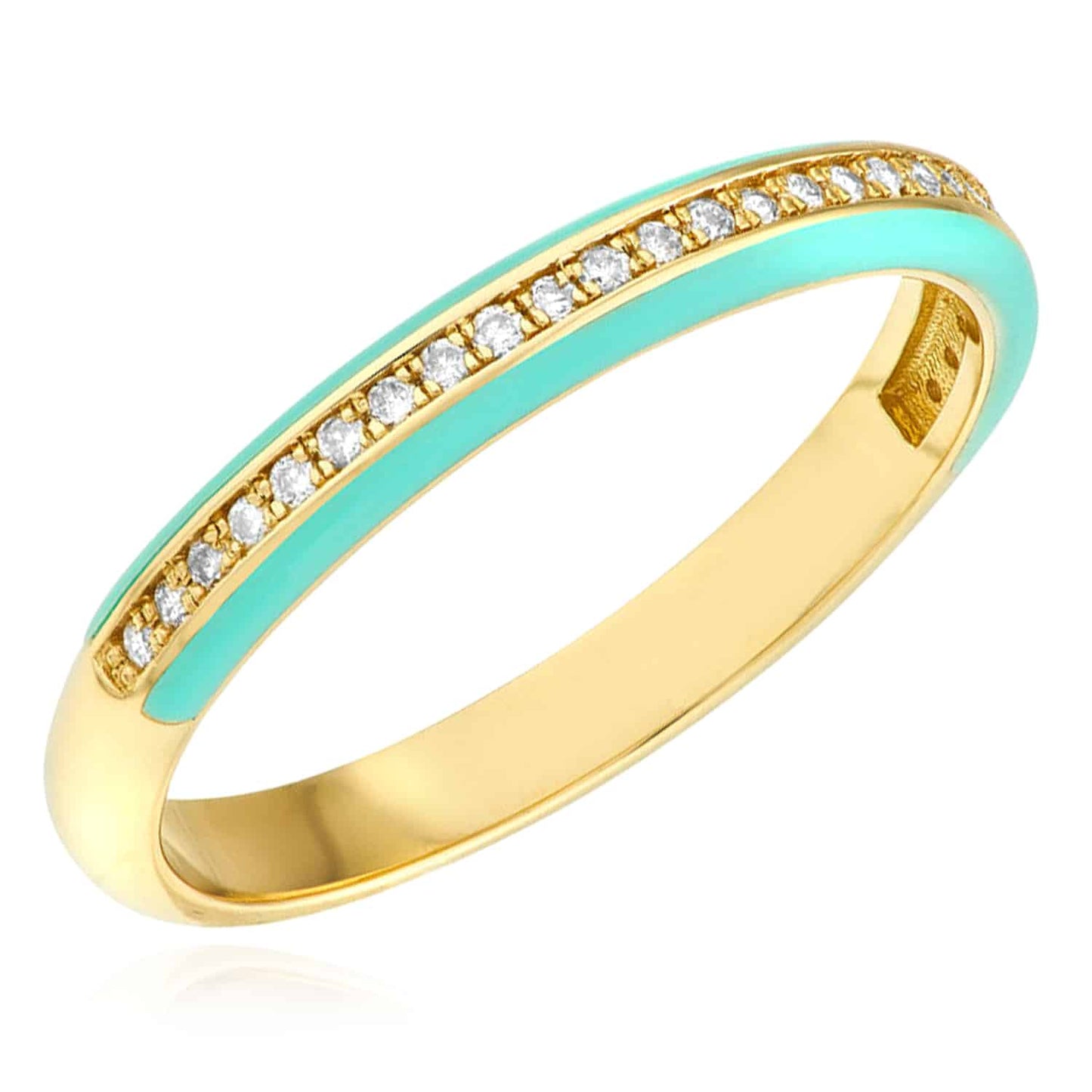 0.14CTW Real Diamond 14K Real Gold Yellow Turquoise Enamel Band Ring