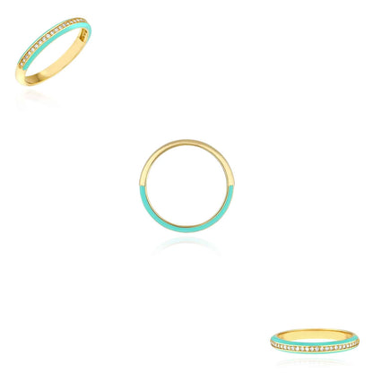 0.14CTW Real Diamond 14K Real Gold Yellow Turquoise Enamel Band Ring