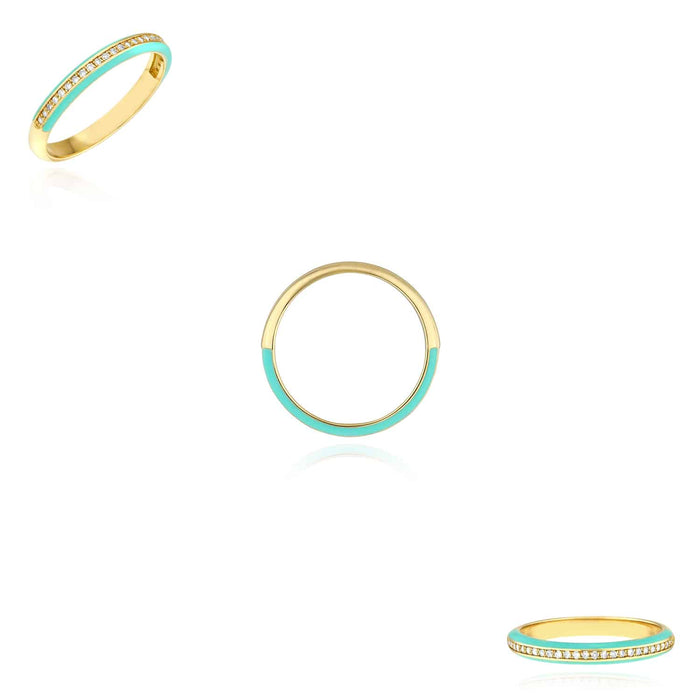 0.14CTW Natural Diamond 14K Yellow Gold Turquoise Enamel Band Ring - WJD Exclusives