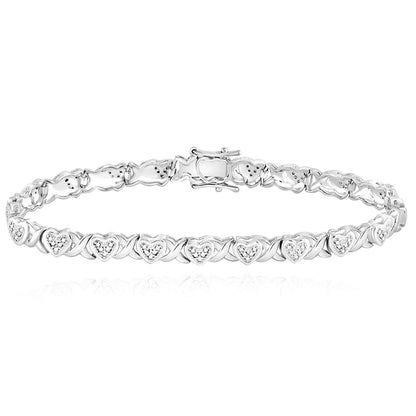 0.25CTW Real Diamond 7mm Sterling Silver Heart XO Tennis Bracelet 7"