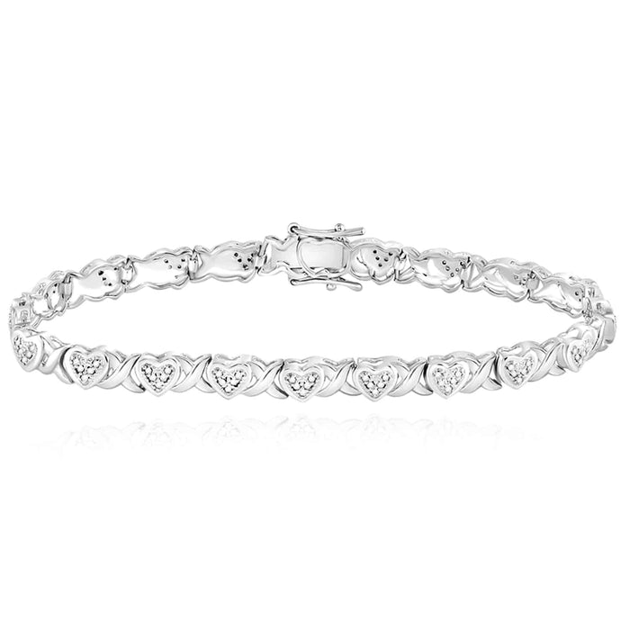 0.25CTW Natural Diamond 7mm Sterling Silver Heart XO Tennis Bracelet 7" - WJD Exclusives