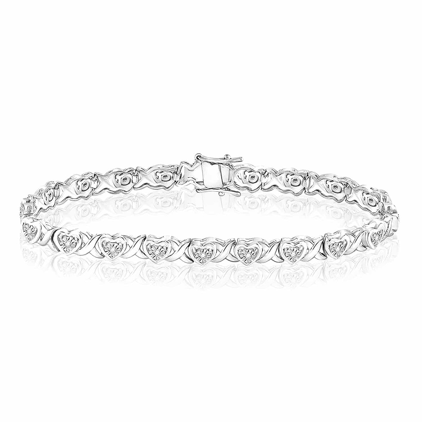 0.25CTW Real Diamond Sterling Silver 7.5mm Round Heart Tennis Bracelet 7"