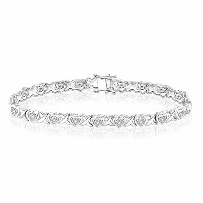 0.25CTW Real Diamond Sterling Silver 7.5mm Round Heart Tennis Bracelet 7"