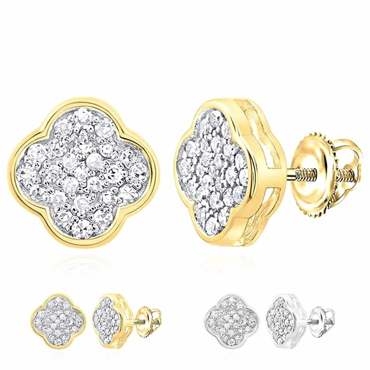 0.16CTW Natural Diamond 10K Gold Yellow White Clover Stud Screw Back Earrings - WJD Exclusives