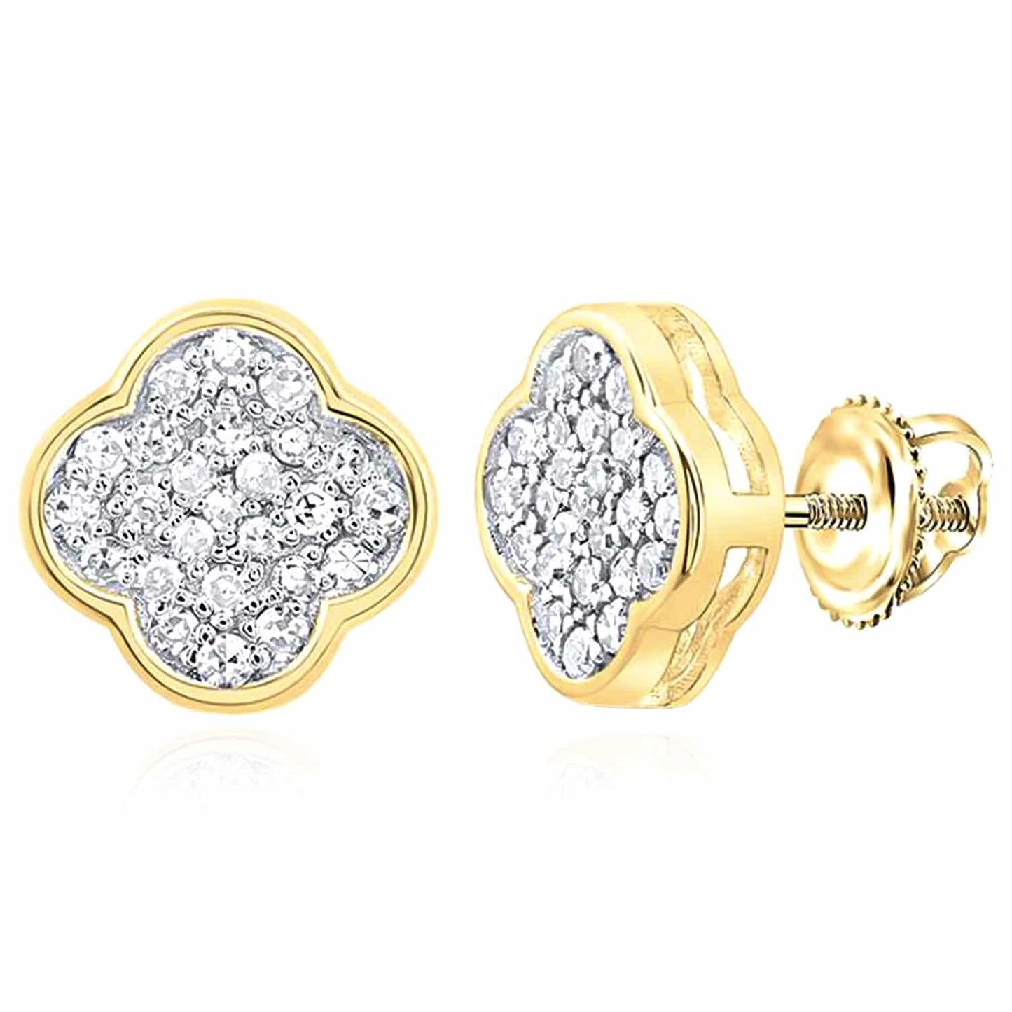 0.16CTW Real Diamond 10K Gold Yellow White Clover Stud Screw Back Earrings