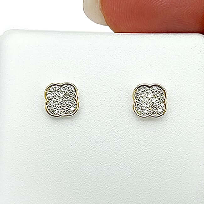 0.16CTW Natural Diamond 10K Gold Yellow White Clover Stud Screw Back Earrings - WJD Exclusives