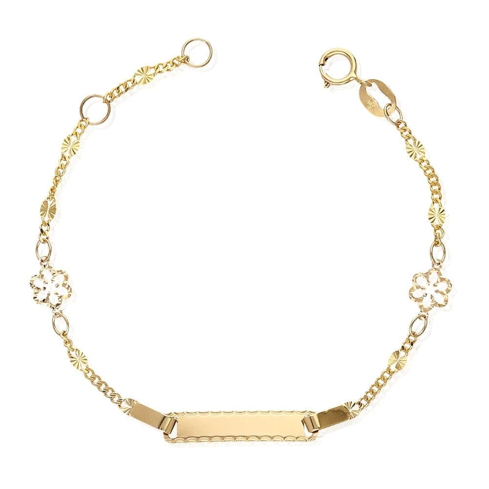 Kid's 14k Yellow Gold Diamond Cut Flower Fancy Curb  Baby ID Bracelet 4.75"-5.5"