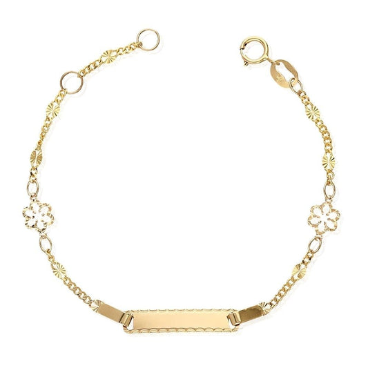 Kid's 14k Yellow Gold Diamond Cut Flower Fancy Curb  Baby ID Bracelet 4.75"-5.5"