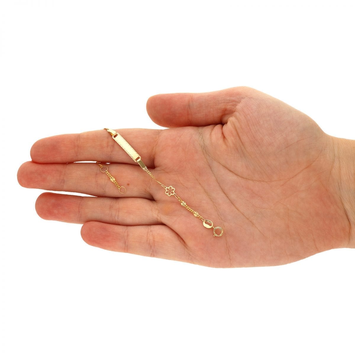 Kid's 14k Yellow Gold Diamond Cut Flower Fancy Curb  Baby ID Bracelet 4.75"-5.5"