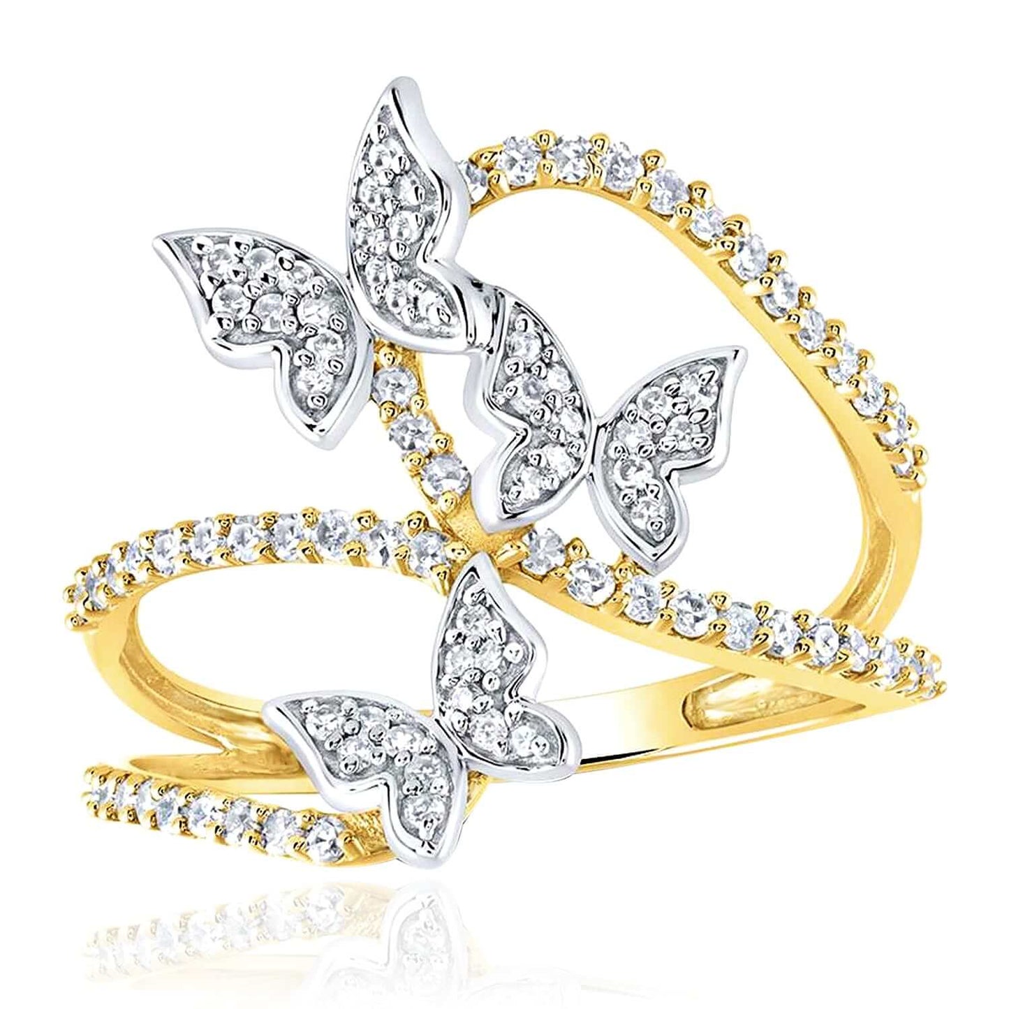 0.35CTW Natural Diamond 10K Gold 2-Tone Yellow White 3-Butterflies Cocktail Ring