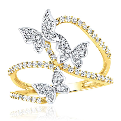 0.35CTW Natural Diamond 10K Gold 2-Tone Yellow White 3-Butterflies Cocktail Ring