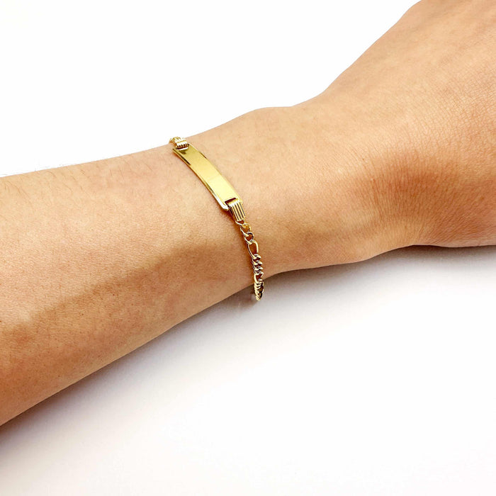 Kids 10K Yellow Gold Figaro Engravable ID Bar Bracelet (Hollow) 5.5" - WJD Exclusives