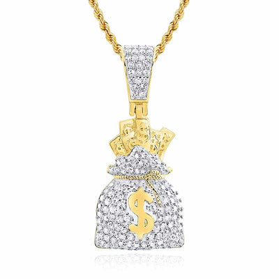 0.62CTW Natural Diamond 10K Yellow Gold Money Bag Sack Pendant 1.1" - WJD Exclusives