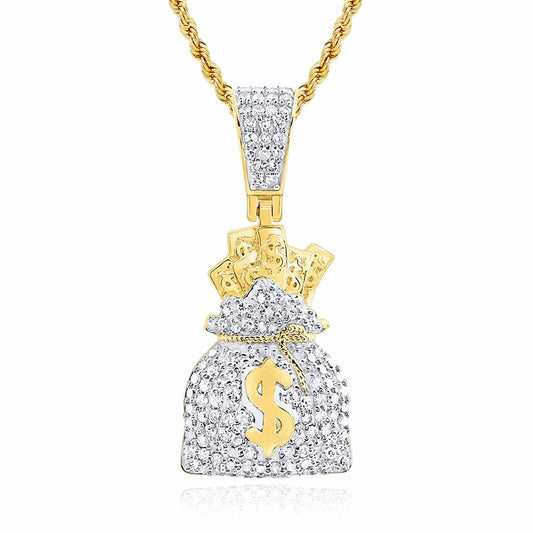 0.62CTW Real Diamond 10K Yellow Gold Money Bag Sack Pendant 1.1"