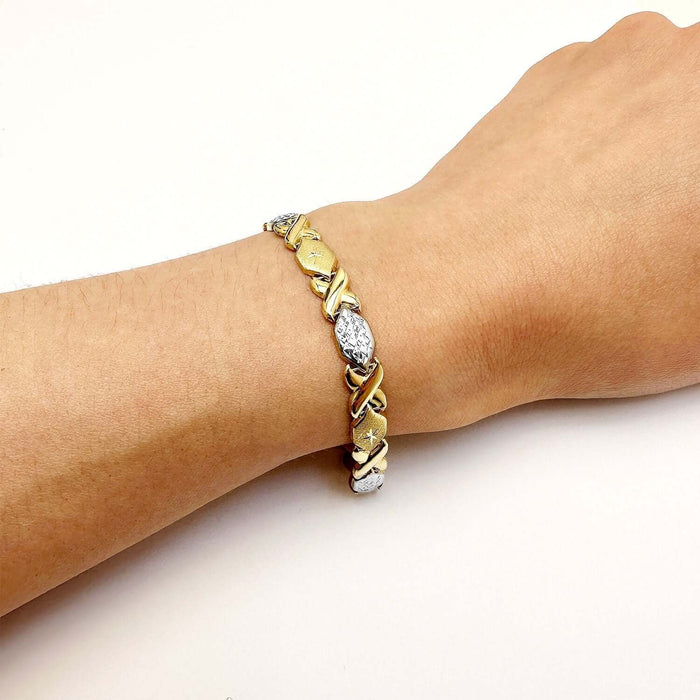 10K Yellow White Gold Two - Tone 7mm Diamond - Cut XO Stampato Bracelet (Hollow) 7.25" - WJD Exclusives