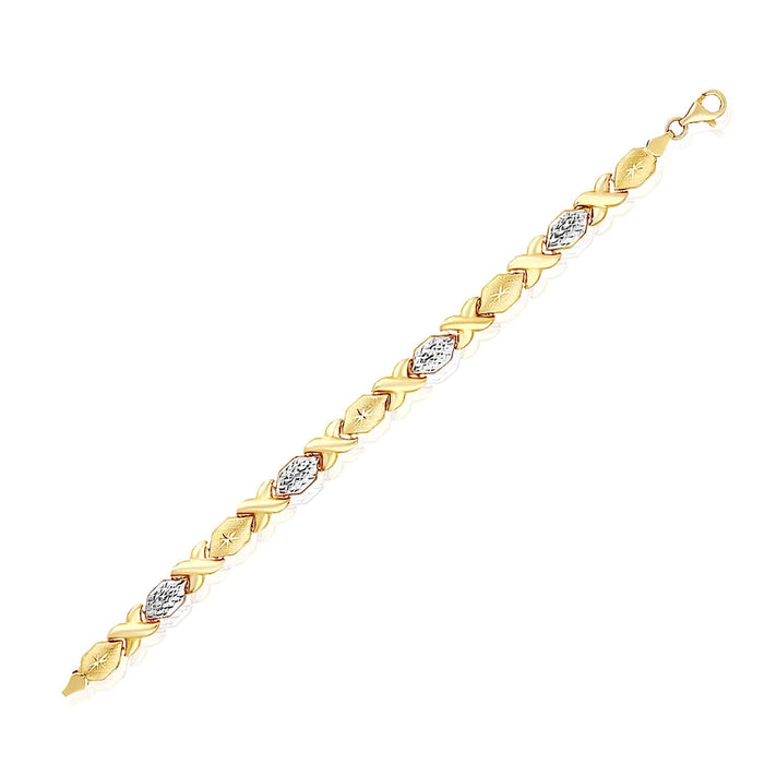 10K Yellow White Gold Two - Tone 7mm Diamond - Cut XO Stampato Bracelet (Hollow) 7.25" - WJD Exclusives