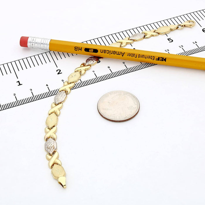 10K Yellow White Gold Two - Tone 7mm Diamond - Cut XO Stampato Bracelet (Hollow) 7.25" - WJD Exclusives