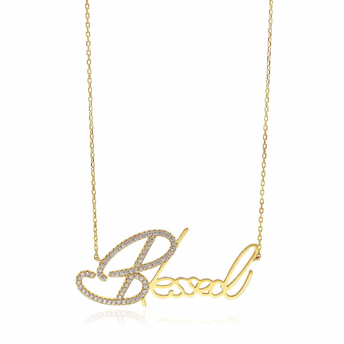 18K Yellow Gold Over Sterling Silver CZ Blessed Necklace (Solid Links) 16" - 18" Adjustable - WJD Exclusives