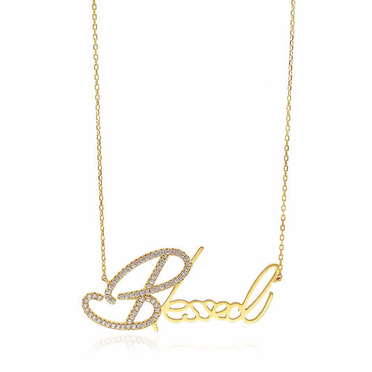 18K Gold Over Silver CZ "Blessed" Pendant Necklace 16"-18" Adjus.