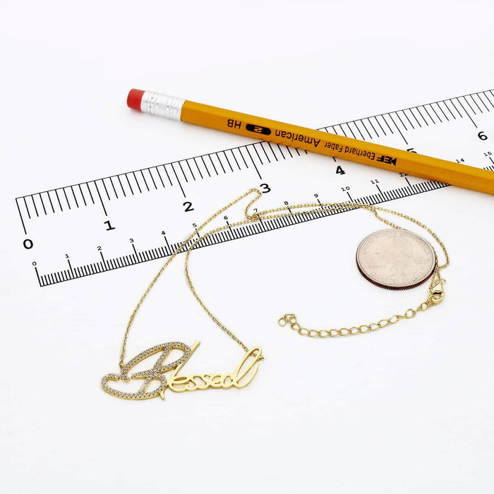 18K Yellow Gold Over Sterling Silver CZ Blessed Necklace (Solid Links) 16" - 18" Adjustable - WJD Exclusives