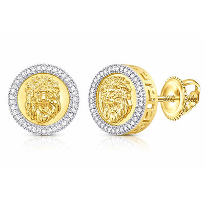 0.25CTW Natural Diamond 10K Yellow Gold Lion Face Stud Screw Back Earrings 13mm