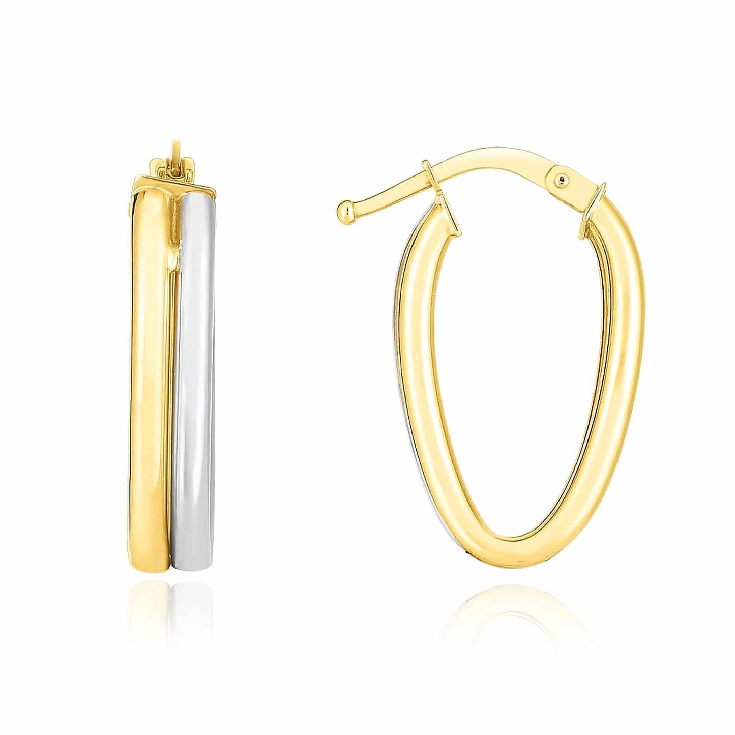 14K Real Gold Two-Tone Yellow White Double Tube Oval Hoop Earrings 22mm