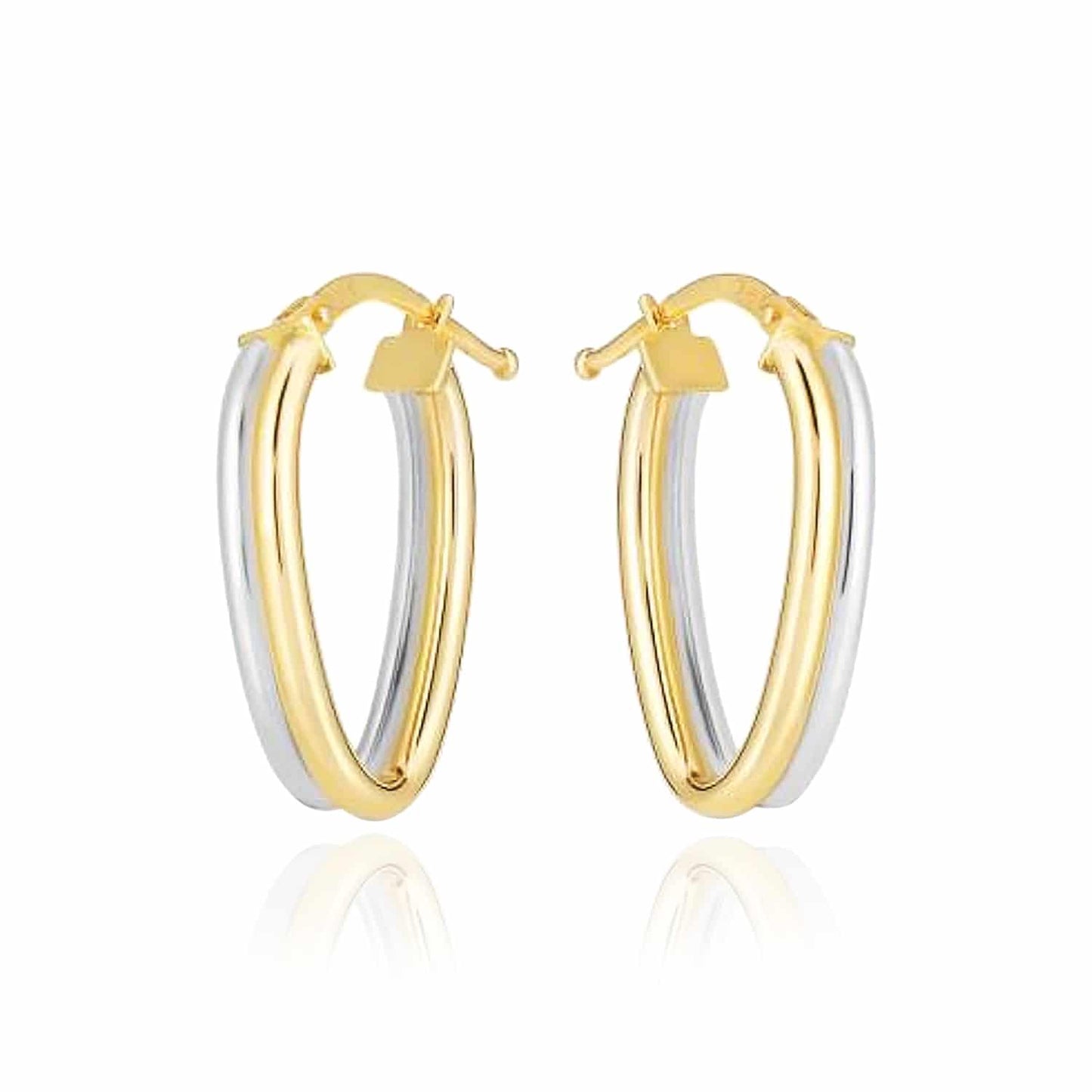 14K Real Gold Two-Tone Yellow White Double Tube Oval Hoop Earrings 22mm