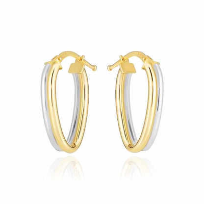 14K Real Gold Two-Tone Yellow White Double Tube Oval Hoop Earrings 22mm