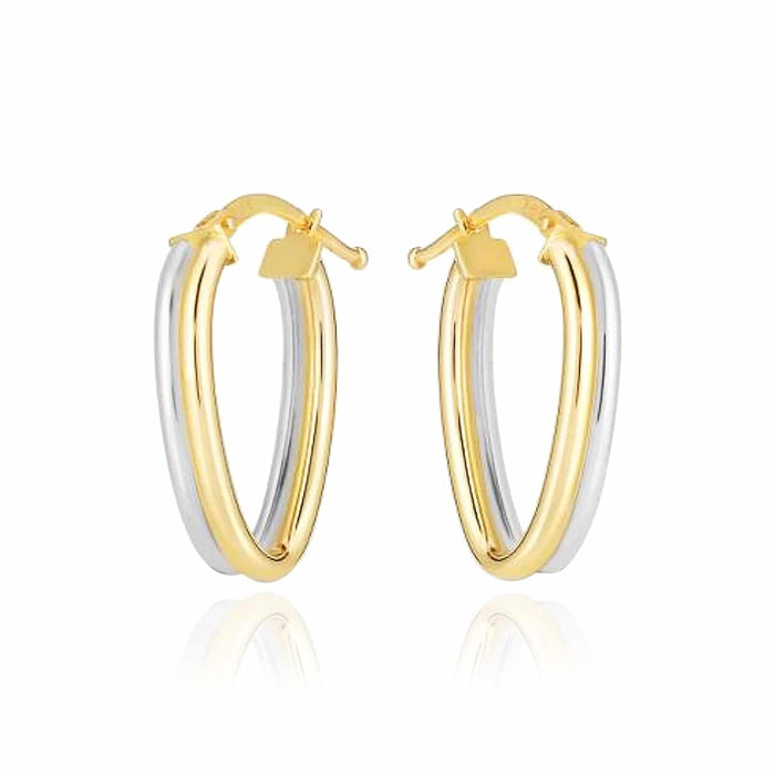 14K Gold Two - Tone Yellow White Double Tube Oval Hoop Earrings 22mm - WJD Exclusives