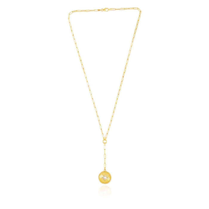 14K Yellow White Gold Two - Tone Star Round Medallion Lariat Necklace (Solid Links) 18" - WJD Exclusives