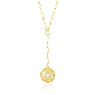 14K Yellow White Gold Two - Tone Star Round Medallion Lariat Necklace (Solid Links) 18" - WJD Exclusives