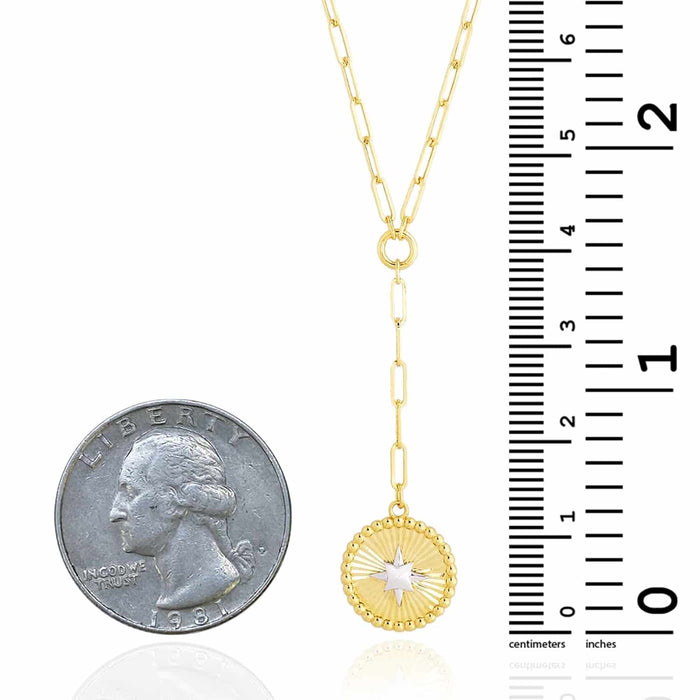 14K Yellow White Gold Two - Tone Star Round Medallion Lariat Necklace (Solid Links) 18" - WJD Exclusives