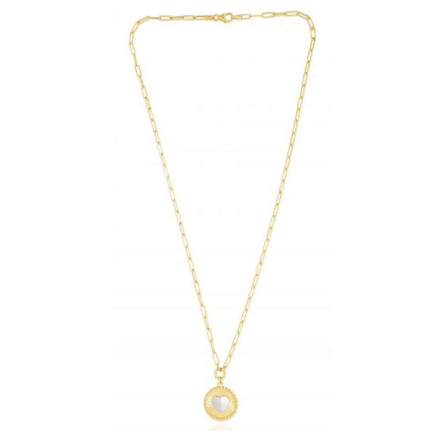 14K Real Gold Two-Tone Yellow White Round Heart Medallion Paperclip Necklace 18"