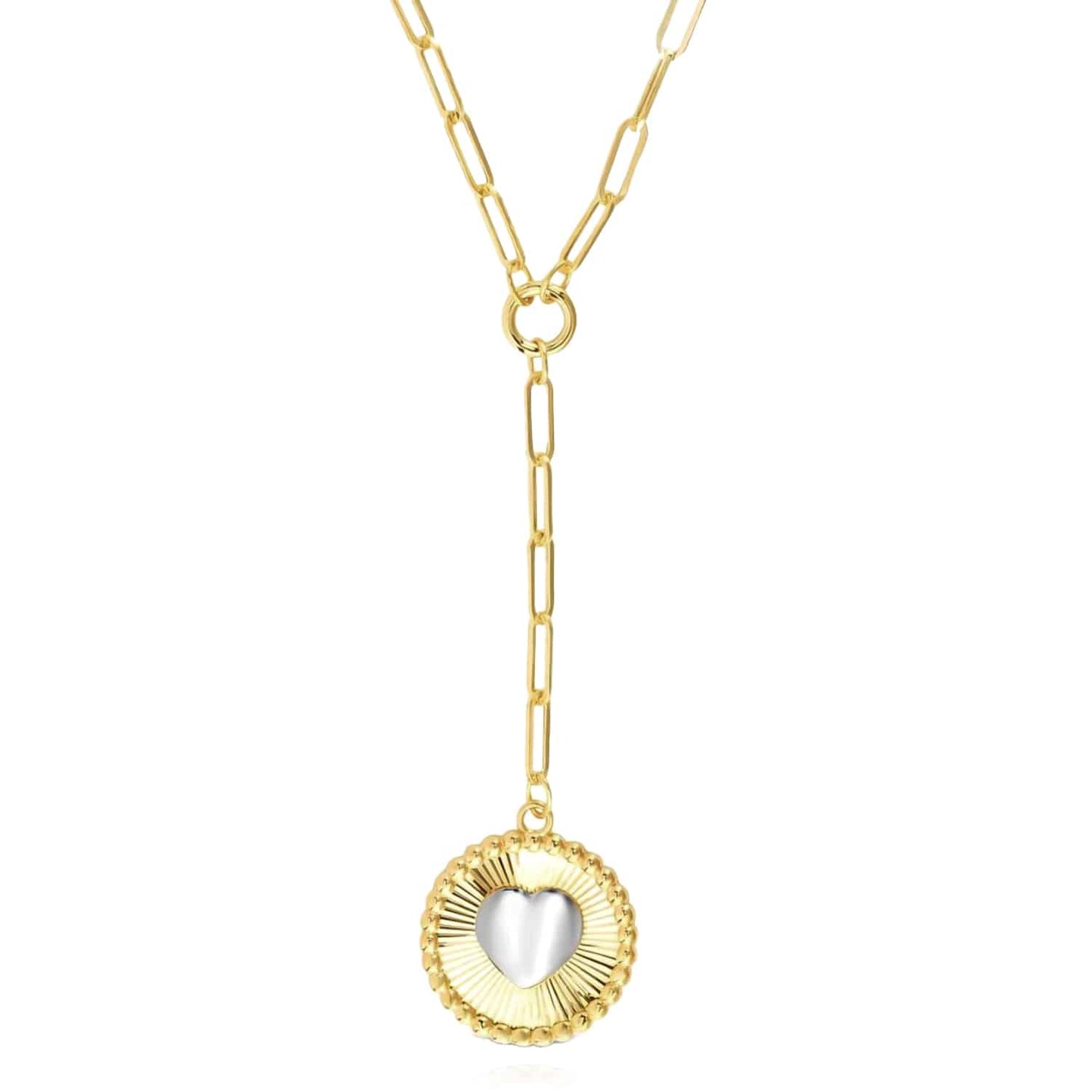 14K Real Gold Two-Tone Yellow White Round Heart Medallion Paperclip Necklace 18"