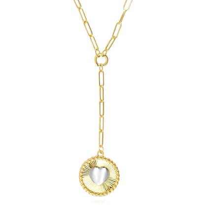 14K Real Gold Two-Tone Yellow White Round Heart Medallion Paperclip Necklace 18"