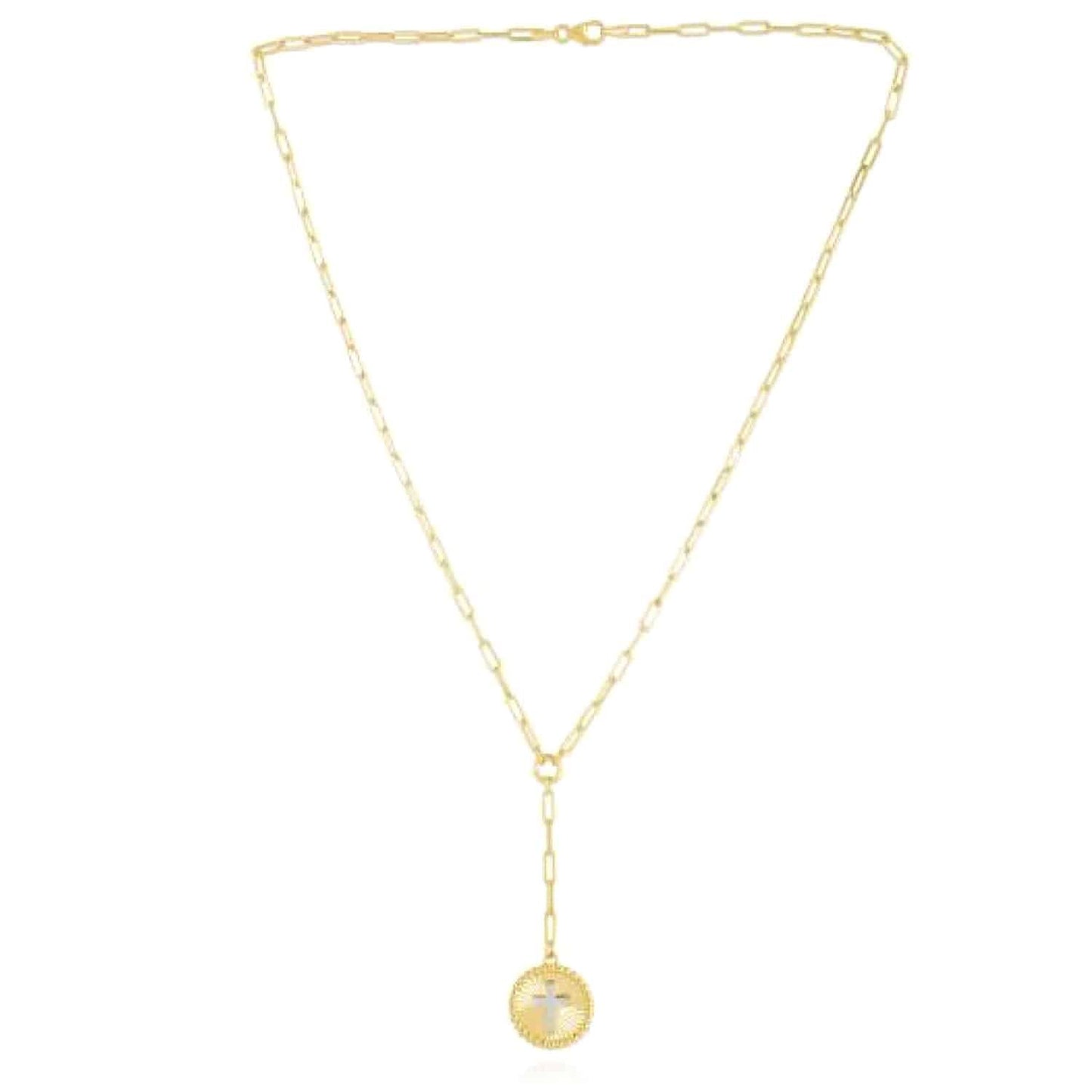 14K Real Gold Two-Tone White Cross Round Medallion Paperclip Necklace 18"