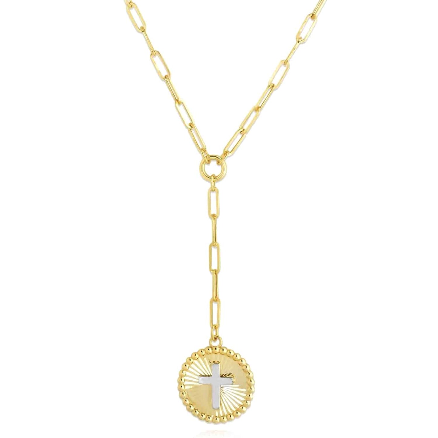 14K Real Gold Two-Tone White Cross Round Medallion Paperclip Necklace 18"