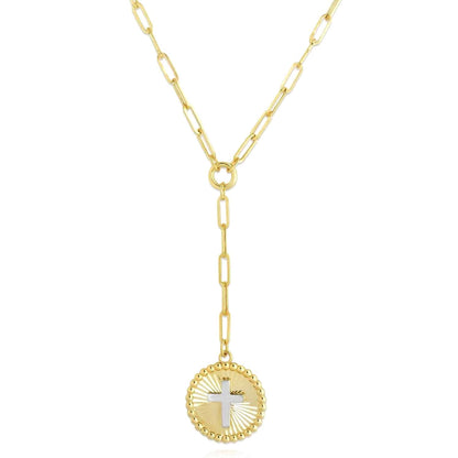 14K Real Gold Two-Tone White Cross Round Medallion Paperclip Necklace 18"
