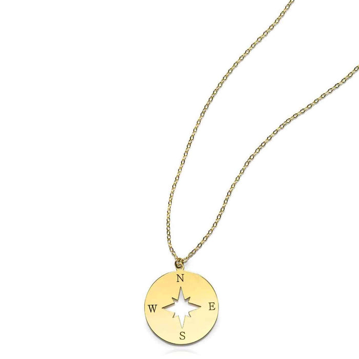 14K Yellow Gold Compass Wind Rose North Star Round Disc Pendant With Chain 18" - WJD Exclusives