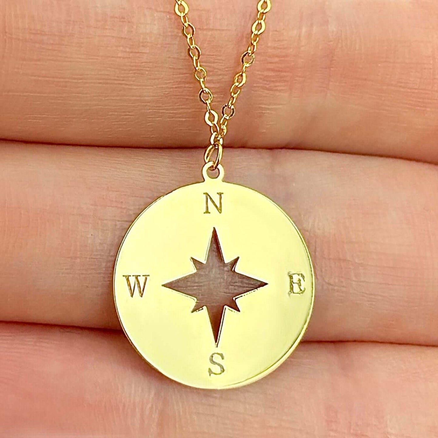 14K Yellow Gold Compass Wind Rose North Star Round Disc Pendant With Chain 18" - WJD Exclusives