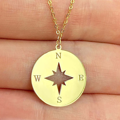 14K Yellow Gold Compass Wind Rose North Star Round Disc Pendant With Chain 18" - WJD Exclusives