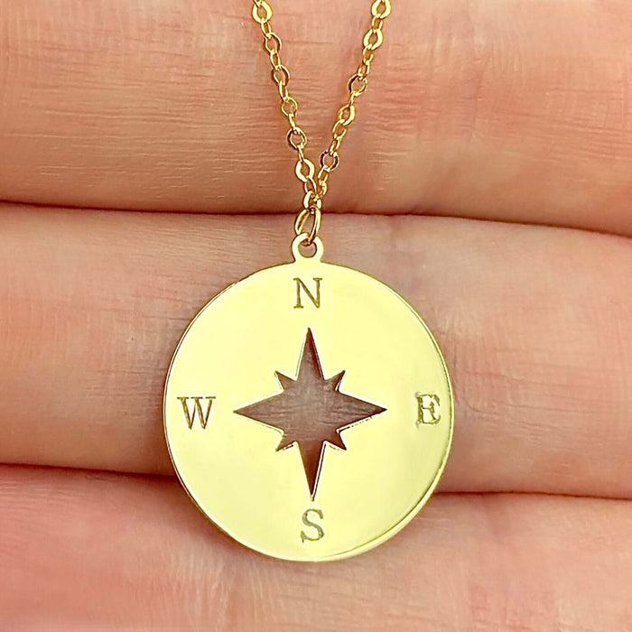 14K Yellow Gold Compass Wind Rose North Star Round Disc Pendant With Chain 18" - WJD Exclusives