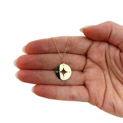 14K Yellow Gold Compass Wind Rose North Star Round Disc Pendant With Chain 18" - WJD Exclusives