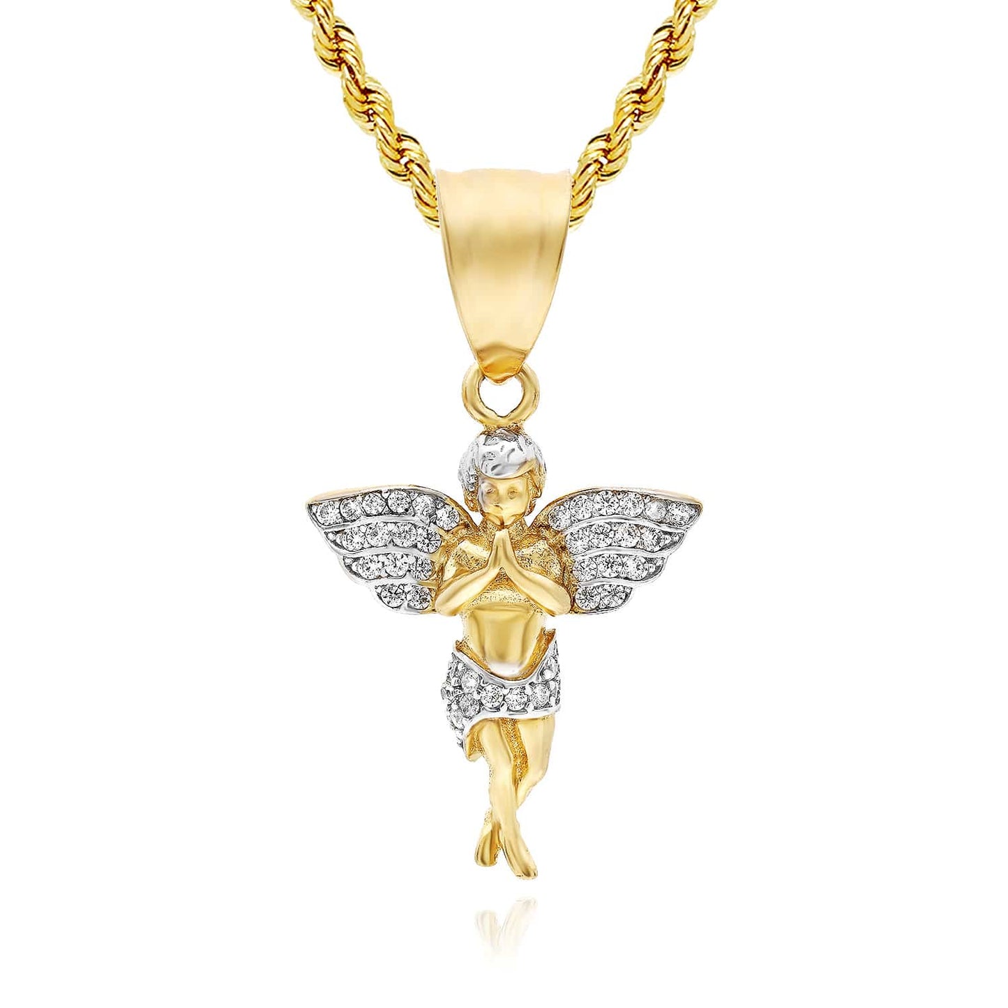 10K Gold Two-Tone Yellow CZ Praying Cherub Angel Pendant 1.2"