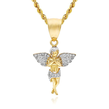 10K Gold Two-Tone Yellow CZ Praying Cherub Angel Pendant 1.2"