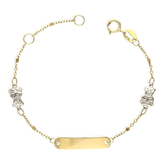 Kid's 14k Two-Tone Gold Cable  Teddy Bear Charm Baby ID Bracelet 4.5"-5.25"