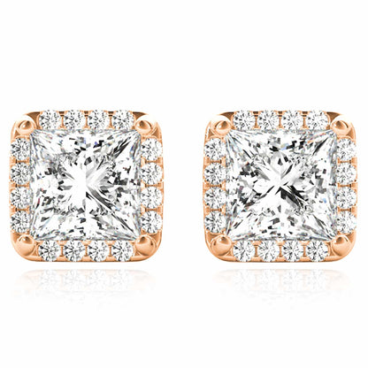 1.20CTW Lab-Grown Diamond 14K Real Gold Yellow White Rose Square Halo Stud Earrings