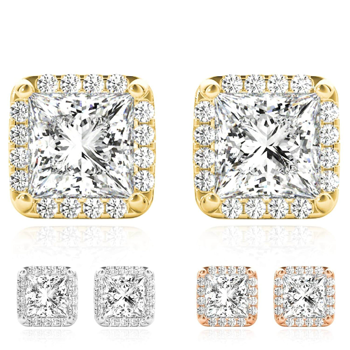 1.20CTW Lab - Grown Diamond 14K Yellow Gold White Rose Square Halo Stud Earrings - WJD Exclusives
