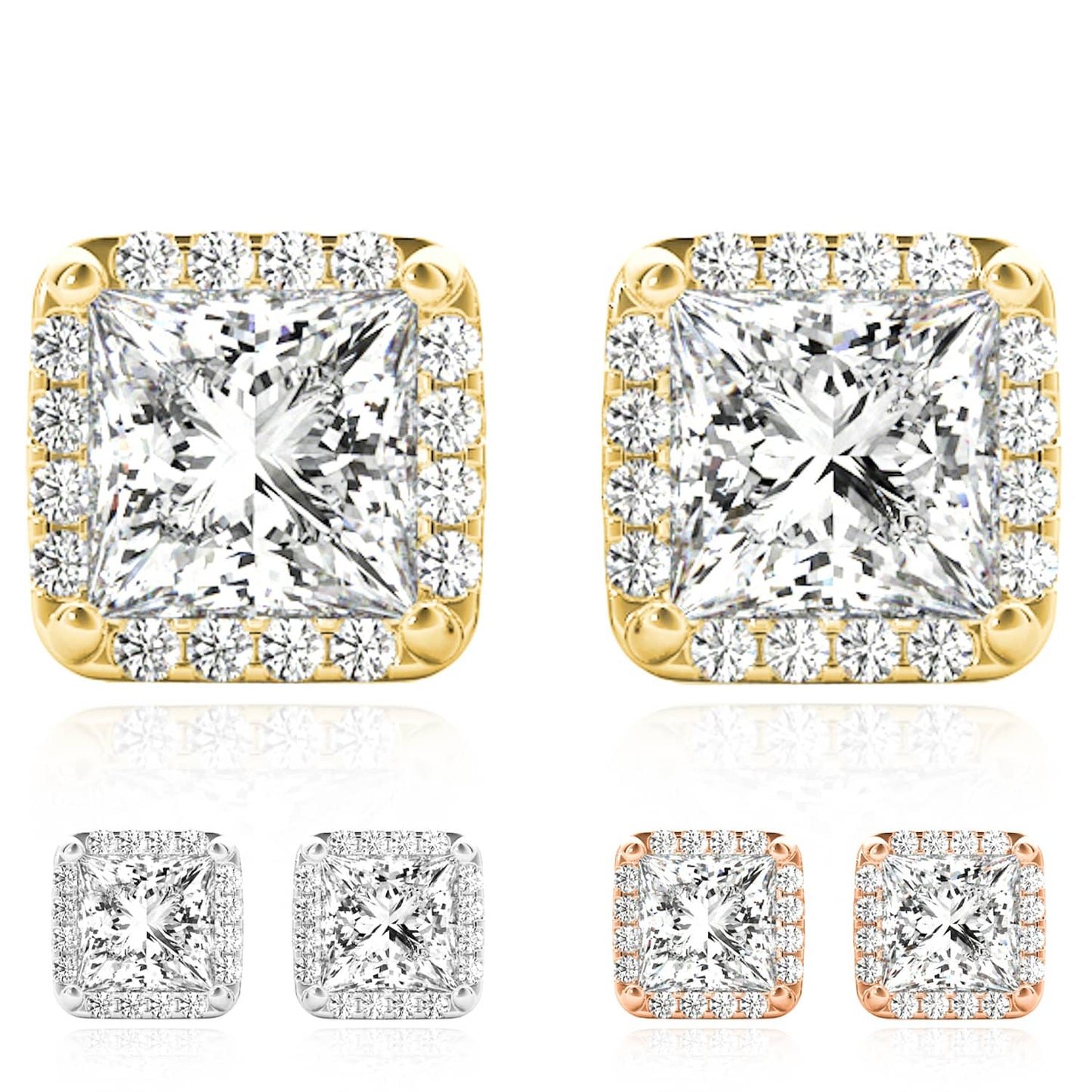 1.20CTW Lab-Grown Diamond 14K Real Gold Yellow White Rose Square Halo Stud Earrings